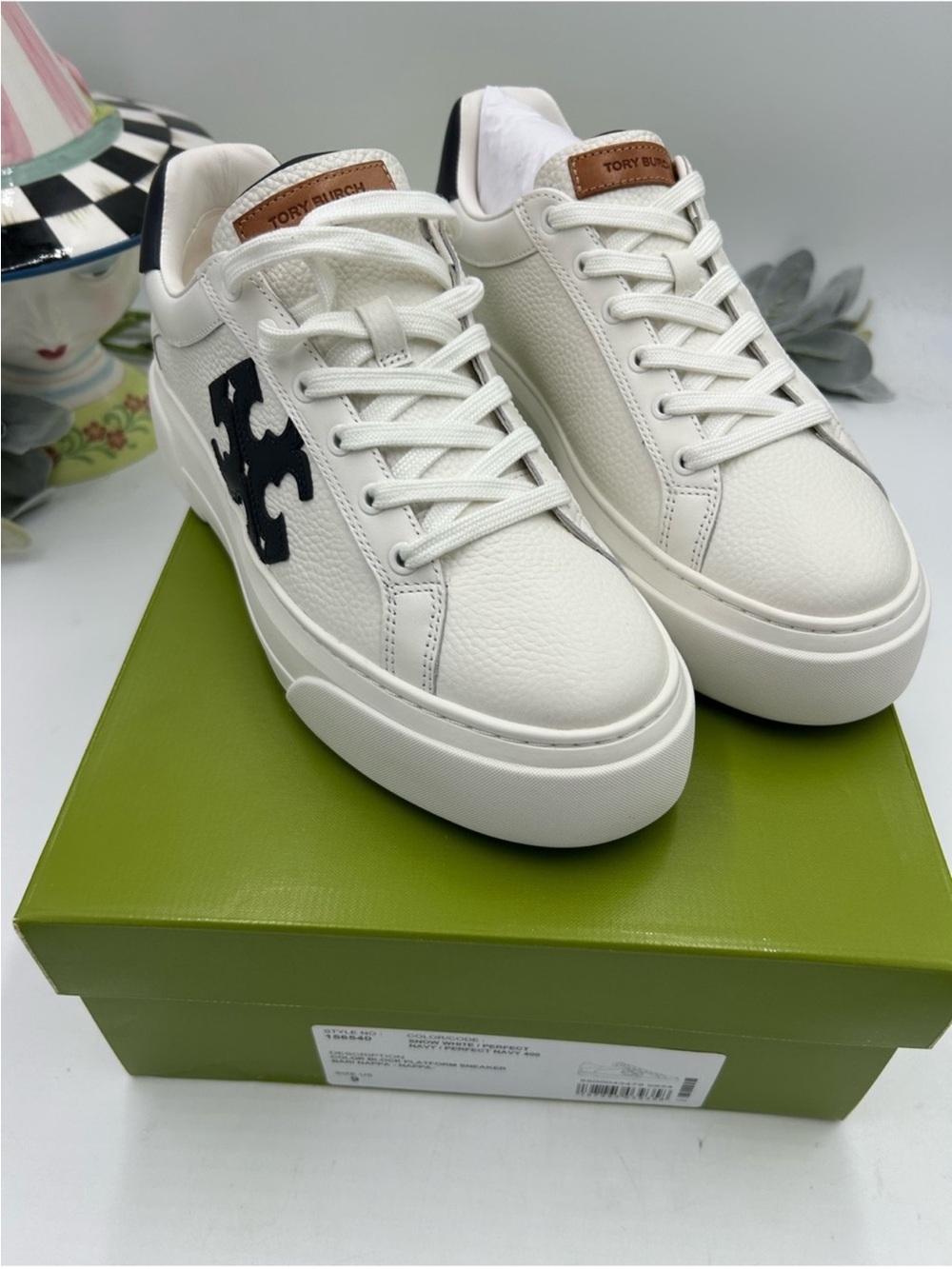 Women's Tory Burch White Leather Platform Sneakers with Black Logo Accent